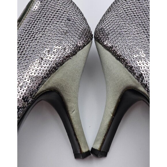 Prada Women's Silver Sequin Embellished High Heel Pumps Peep Toe Sz 9 (39.5) 374 - Picture 4 of 16